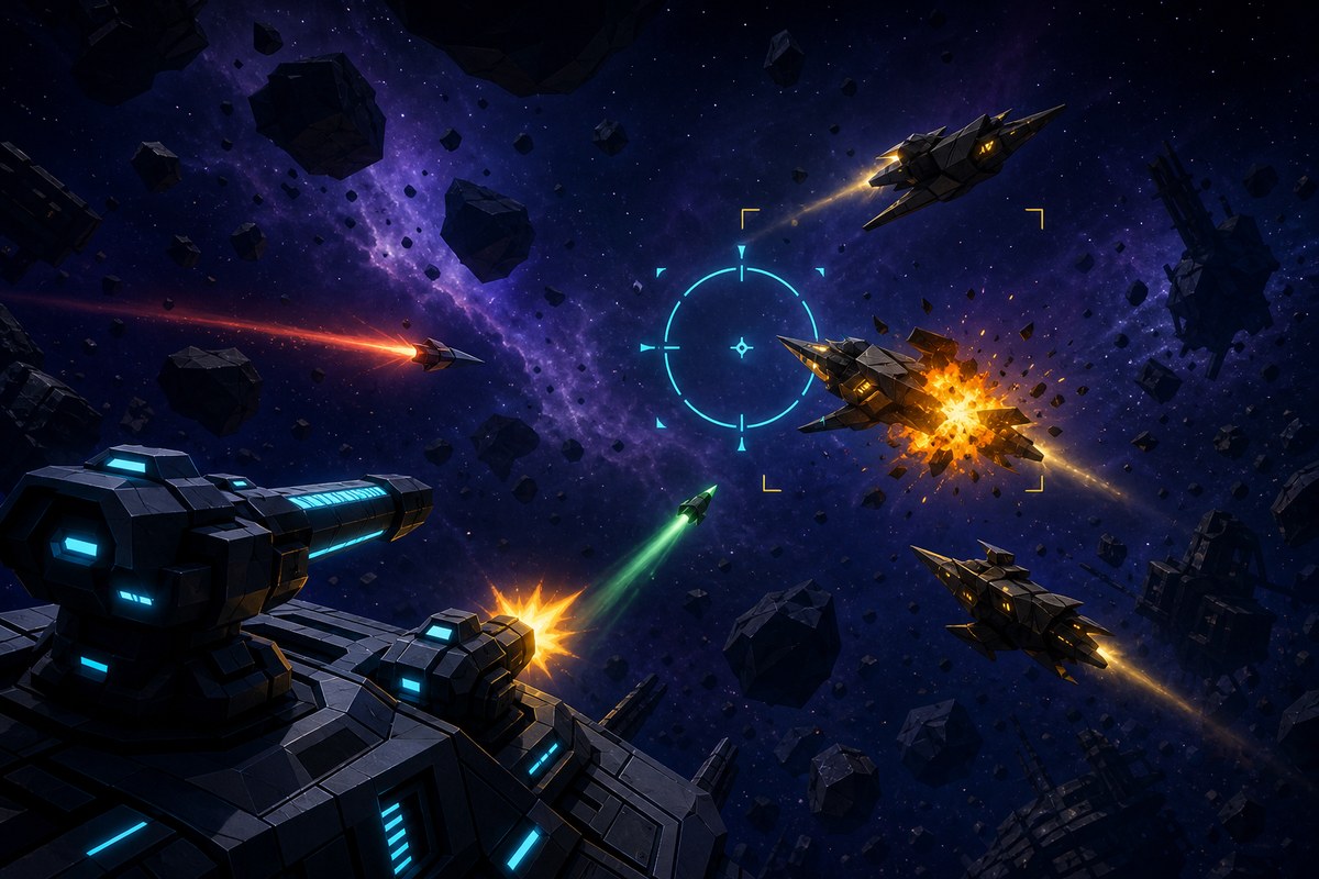 Stellar Explorer gunship battling through an asteroid field