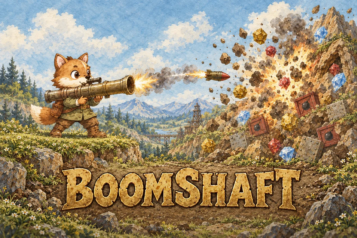 Boomshaft key art: a fox with a bazooka fires a rocket into a mountain full of gold, gems and bombs