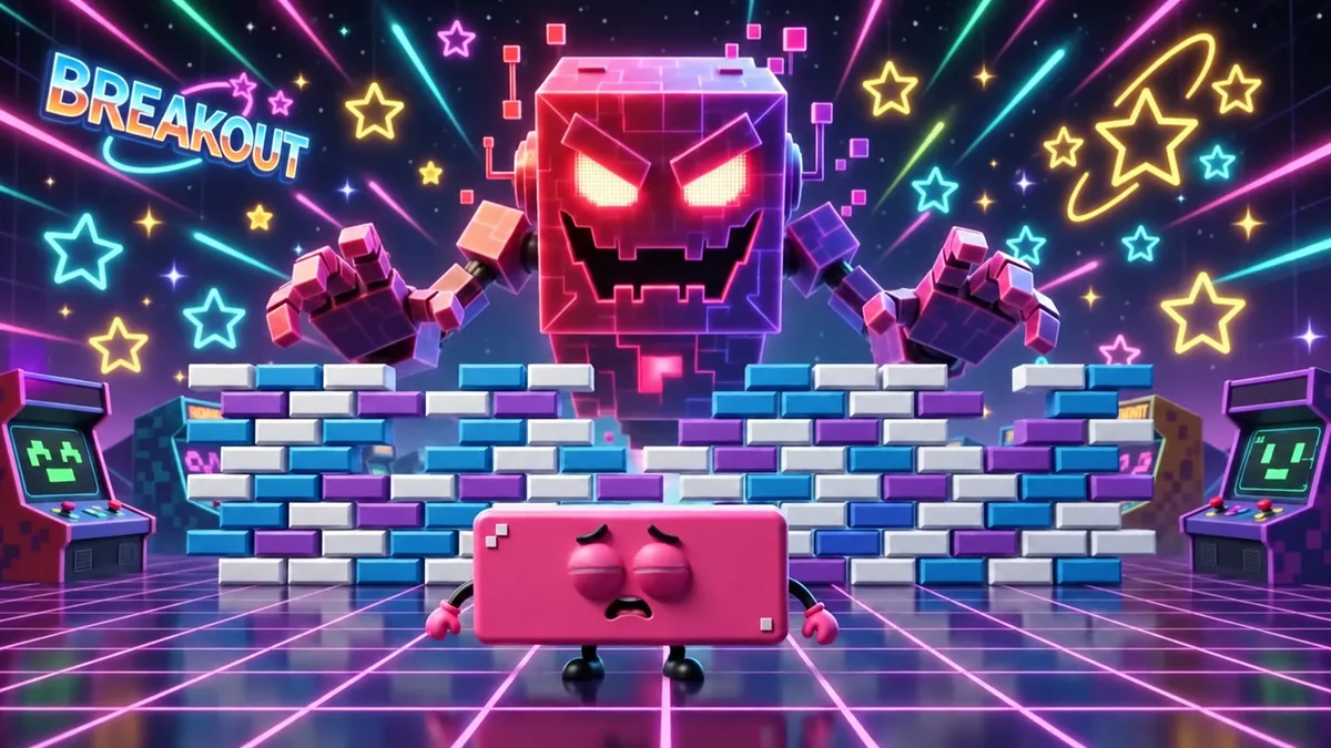 Claude's Revenge teaser frame: a red cube boss above a neon brick wall