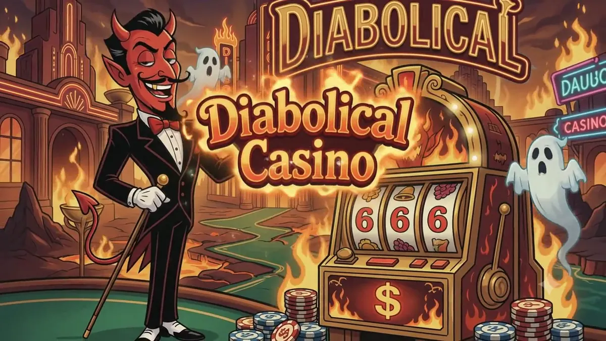 Diabolical Casino teaser frame: a devil in a tuxedo beside a flaming slot machine