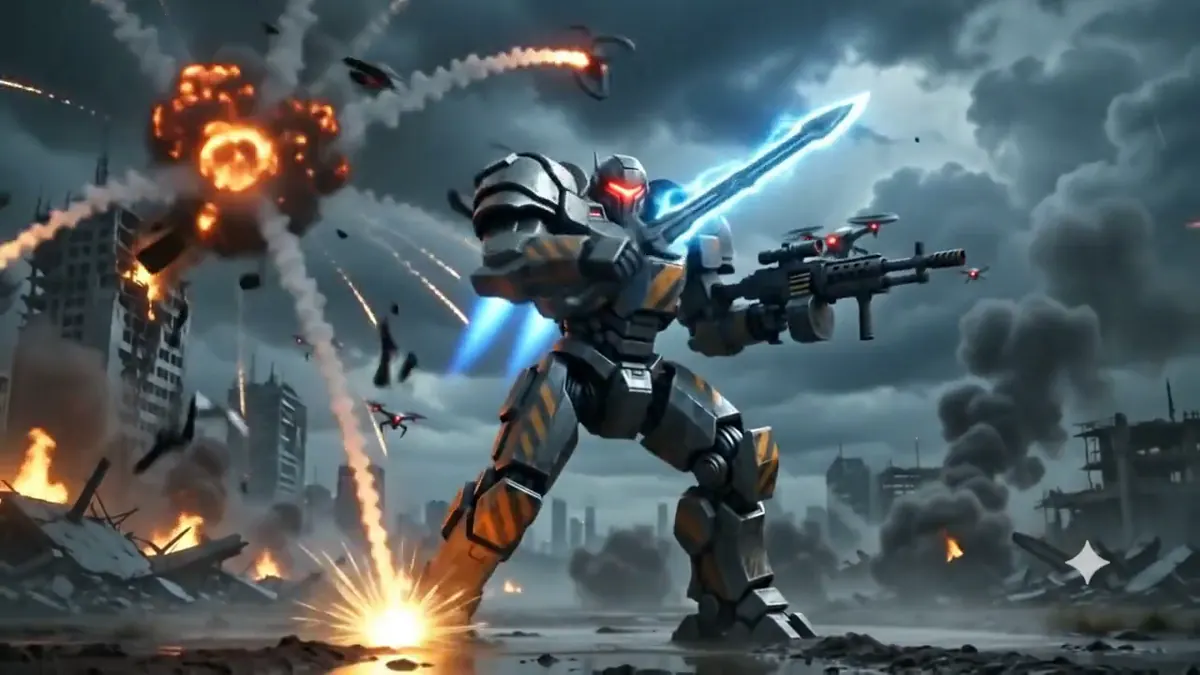 MECH Stranded teaser frame: a mech firing a rifle amid explosions